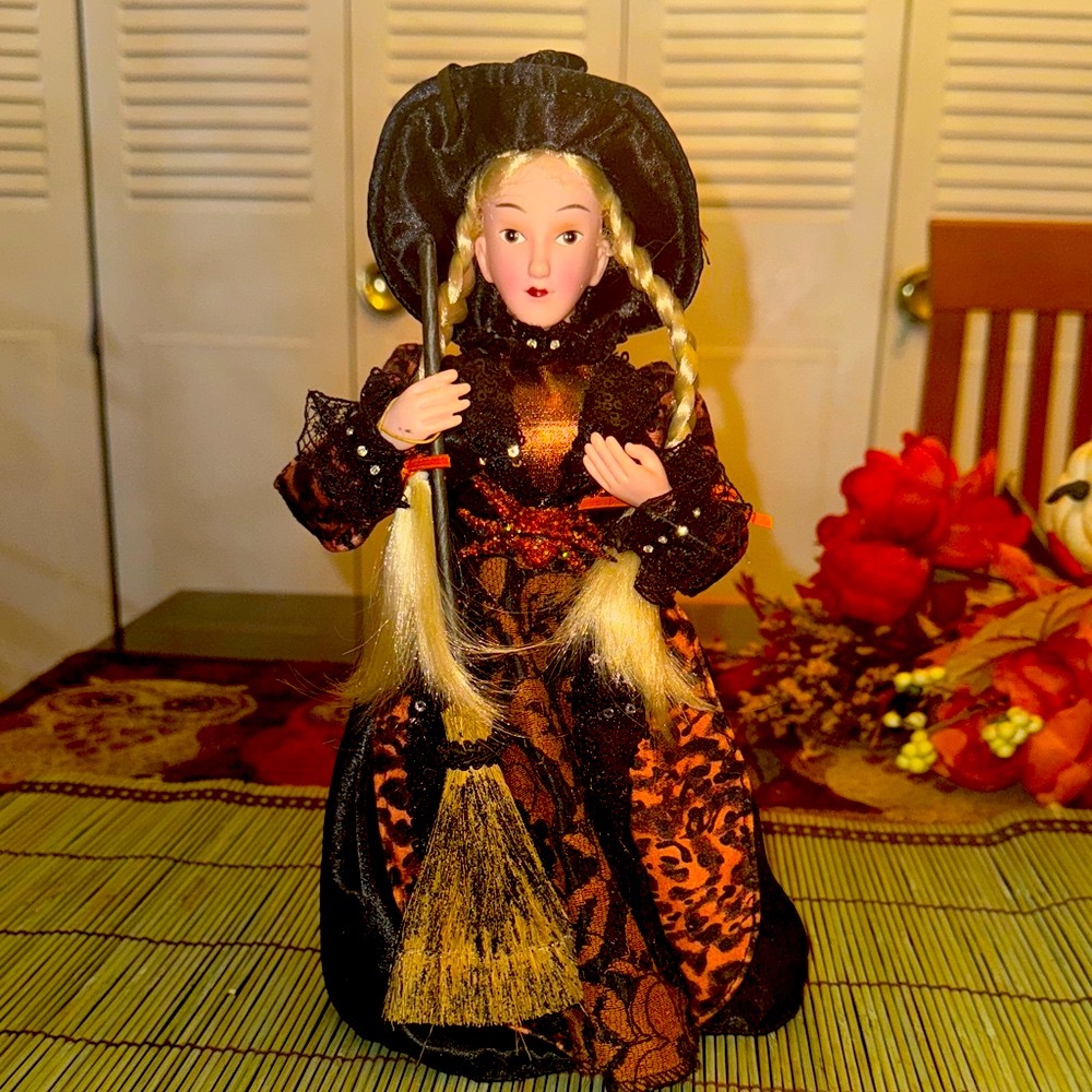Classic Decorative Witch Doll with Broom - Purple and Orange